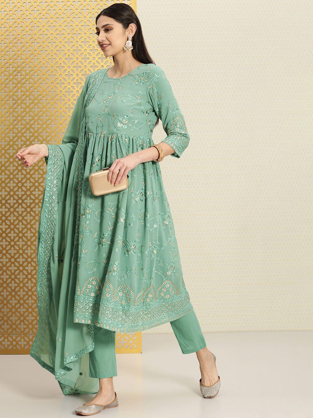 house of pataudi women floral embroidered jashn kurta with trousers & dupatta