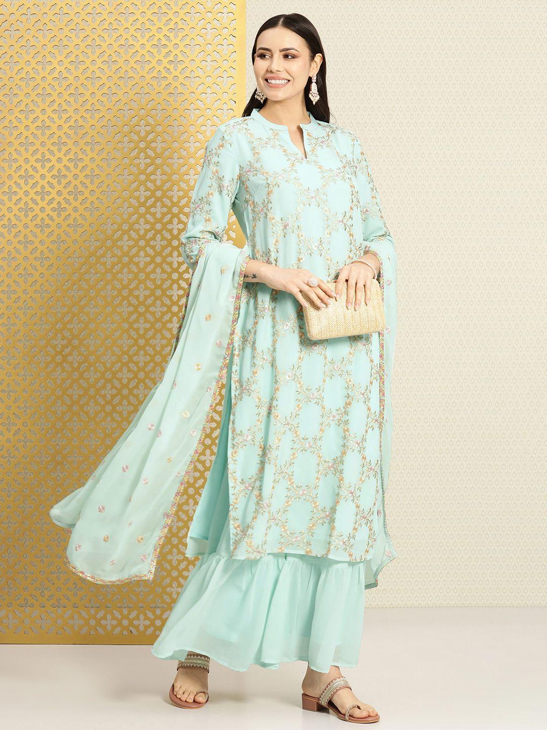 house of pataudi women floral embroidered sequined jashn kurta with sharara & dupatta