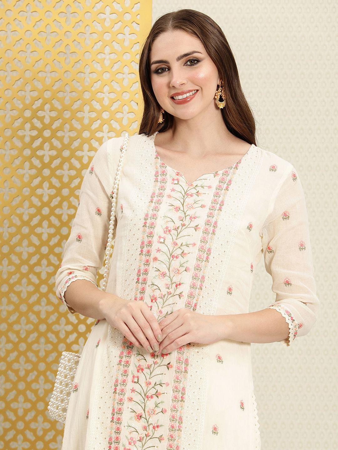 house of pataudi women floral embroidered thread work pure cotton jashn kurta & trousers