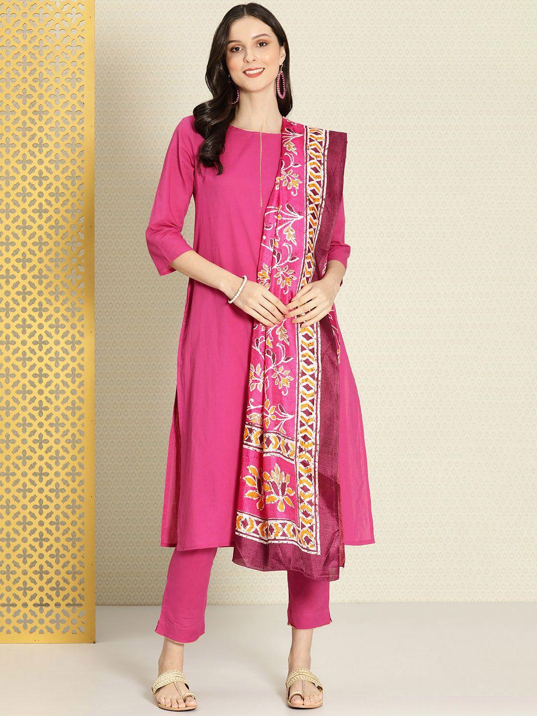 house of pataudi women fuchsia solid pure cotton kurta with trousers & dupatta set