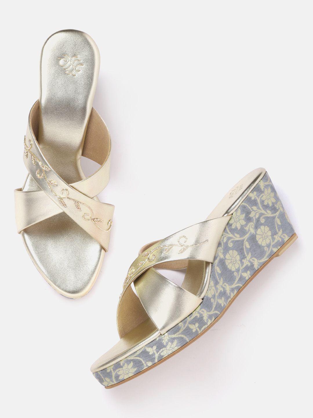 house of pataudi women gold-toned handcrafted wedge sandals