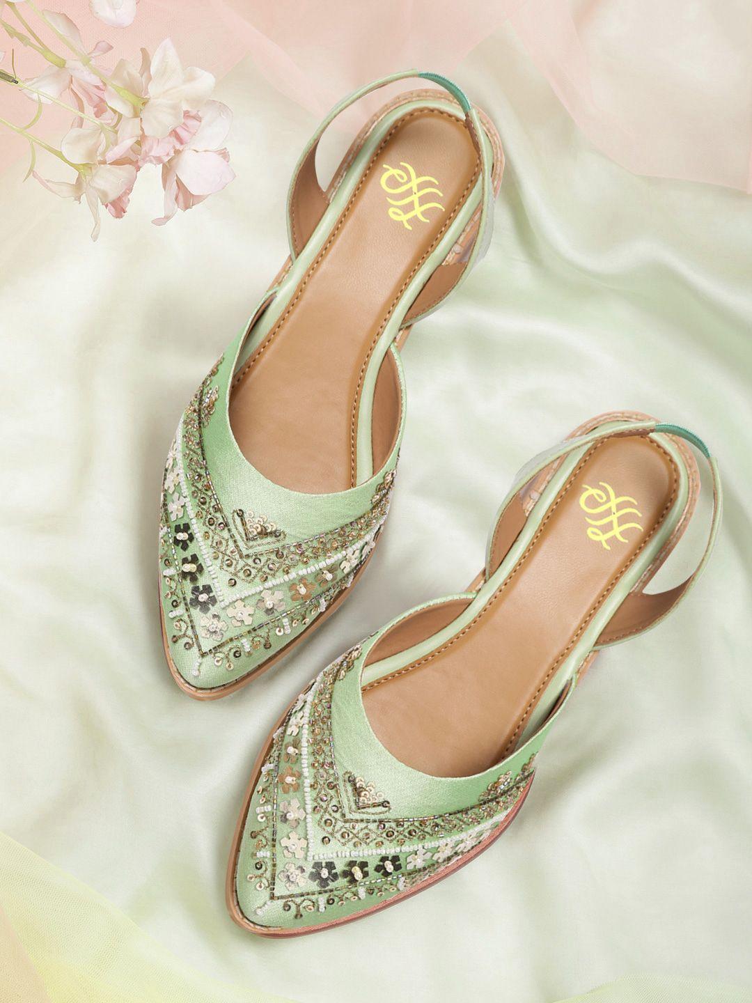 house of pataudi women green & gold-toned embellished handcrafted closed toe flats