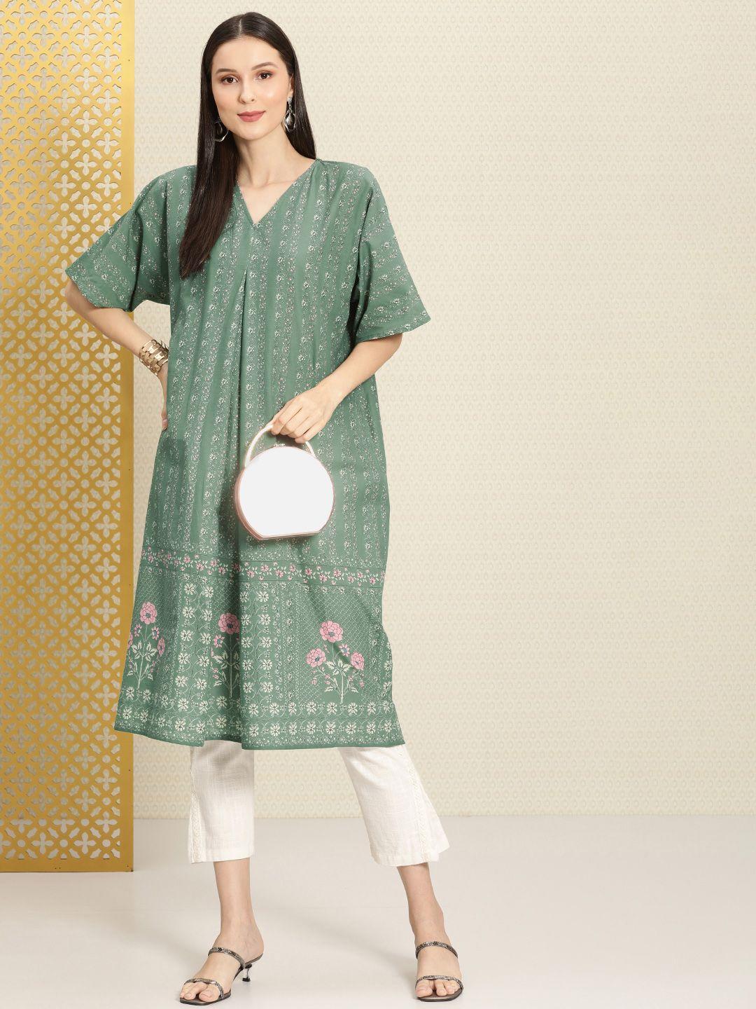 house of pataudi women green ethnic motifs printed pure cotton rozana a-line kurta