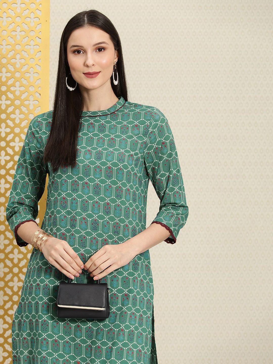 house of pataudi women green ethnic motifs printed pure cotton rozana straight kurta