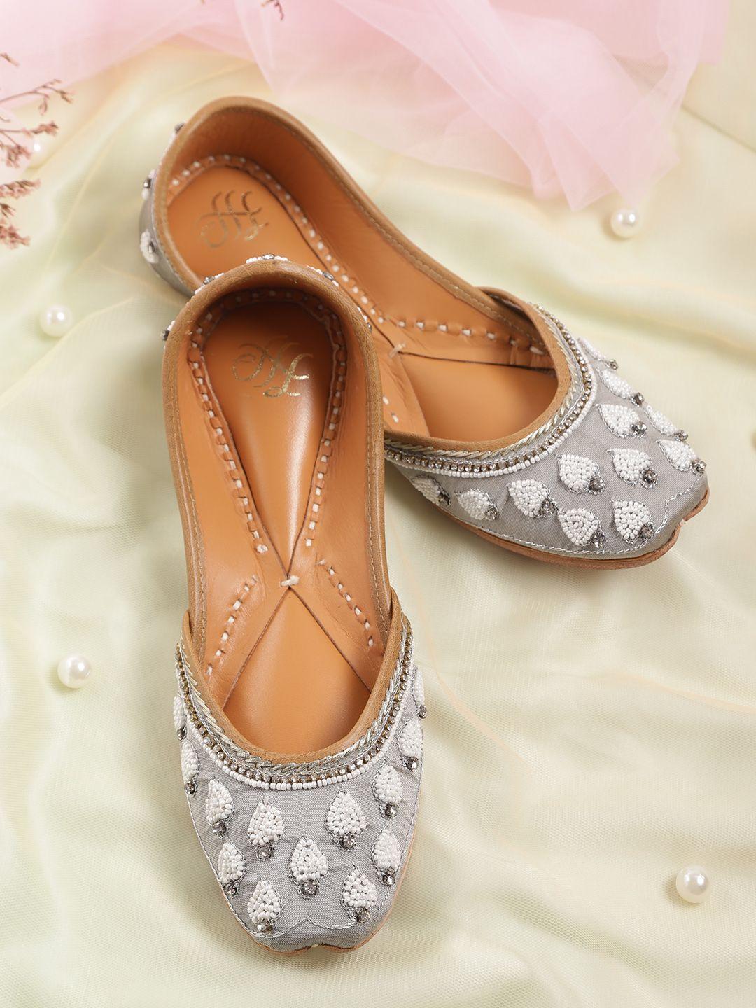 house of pataudi women grey & white stone embellished handcrafted ballerinas