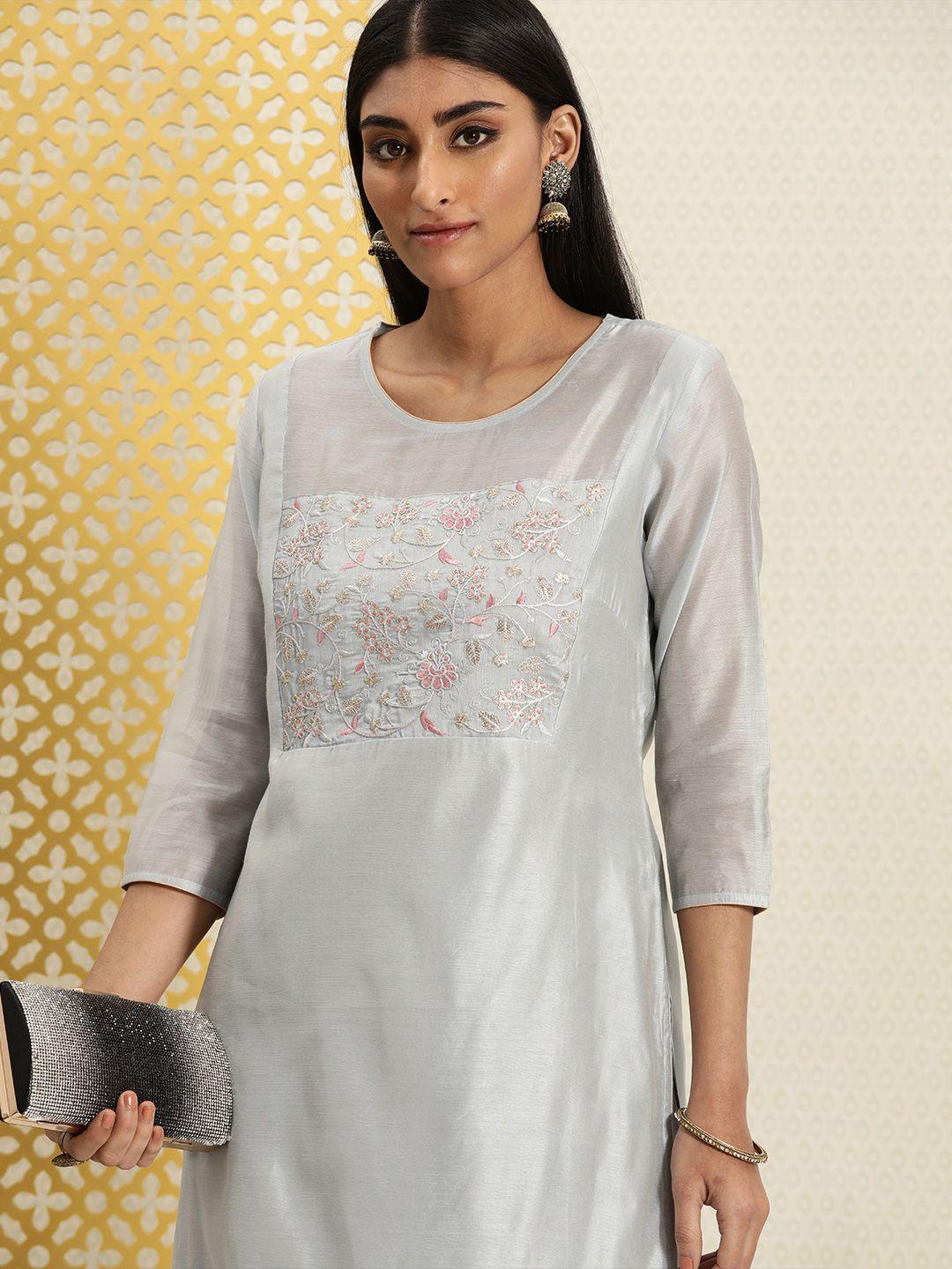 house of pataudi women grey floral embroidered thread work kurta with palazzos