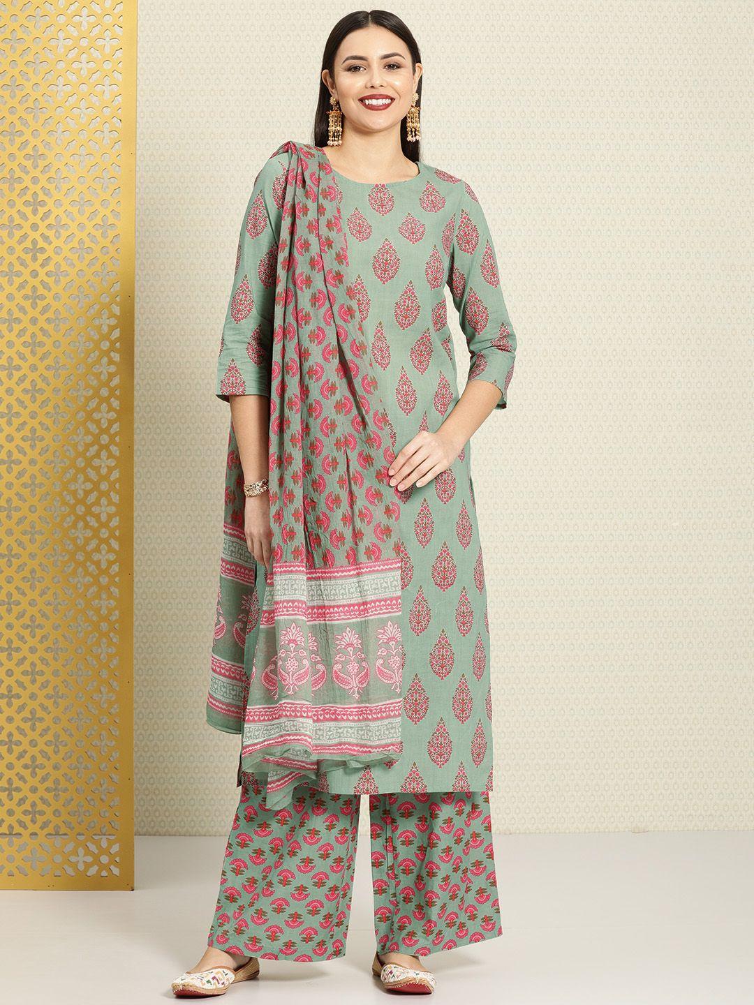 house of pataudi women grey floral printed pure cotton kurta with palazzos & with dupatta