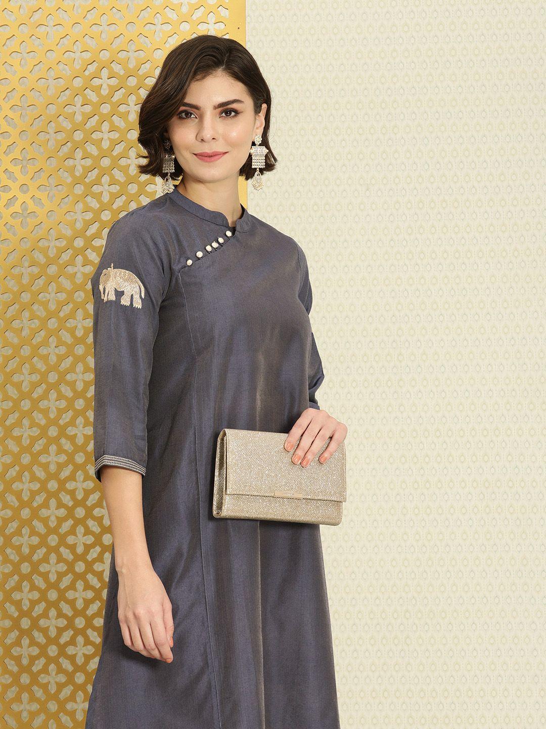 house of pataudi women grey solid jashn angarakha kurta