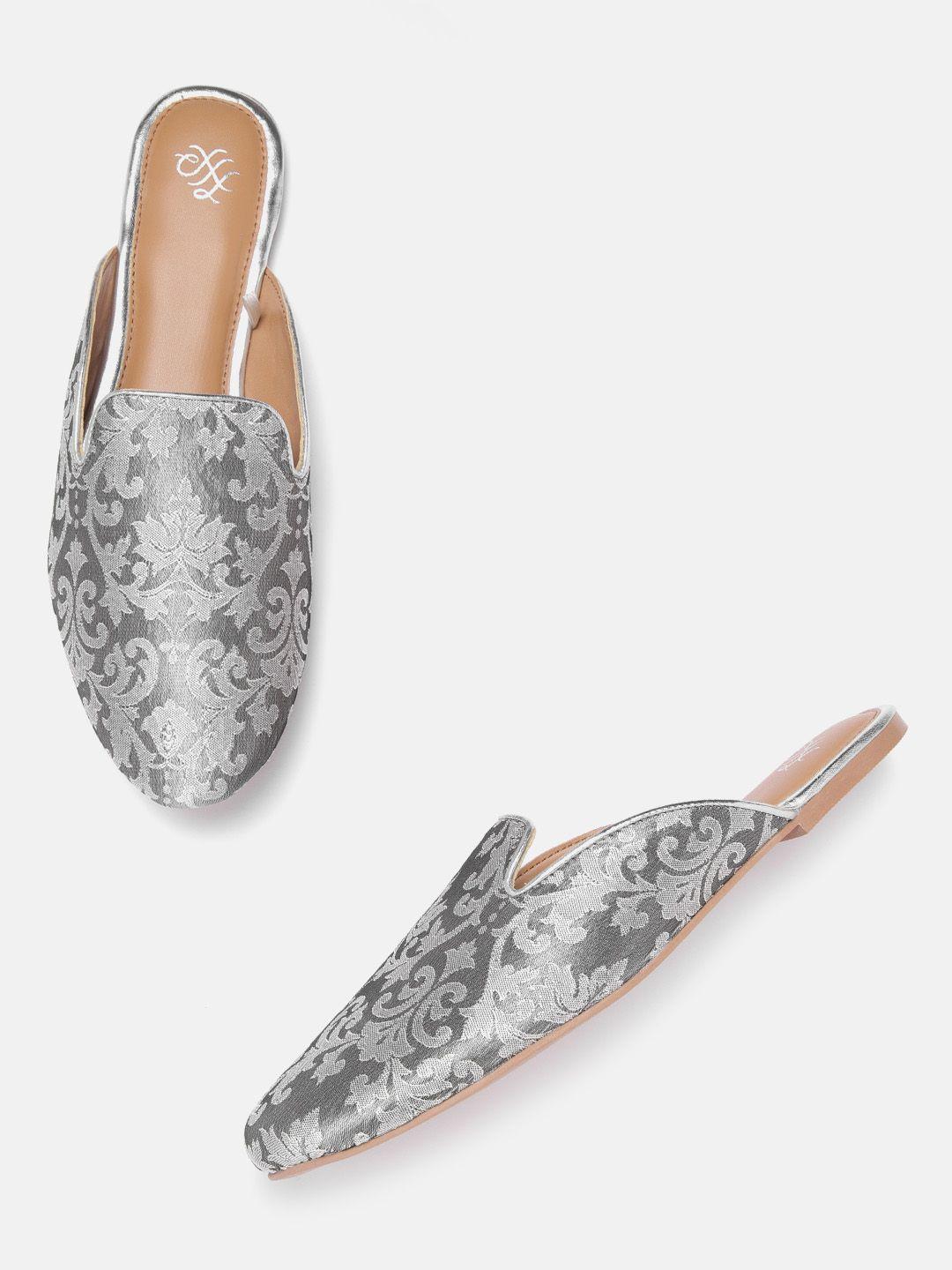 house of pataudi women grey woven design mules