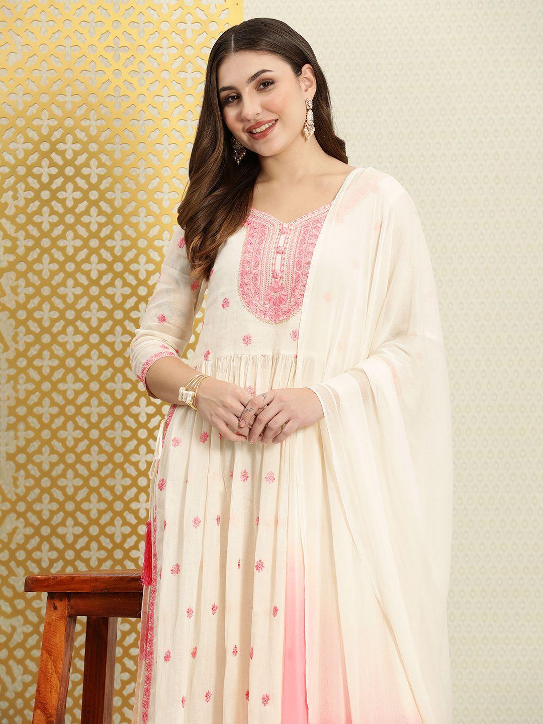 house of pataudi women jashn floral thread work pure cotton kurta with trousers & dupatta