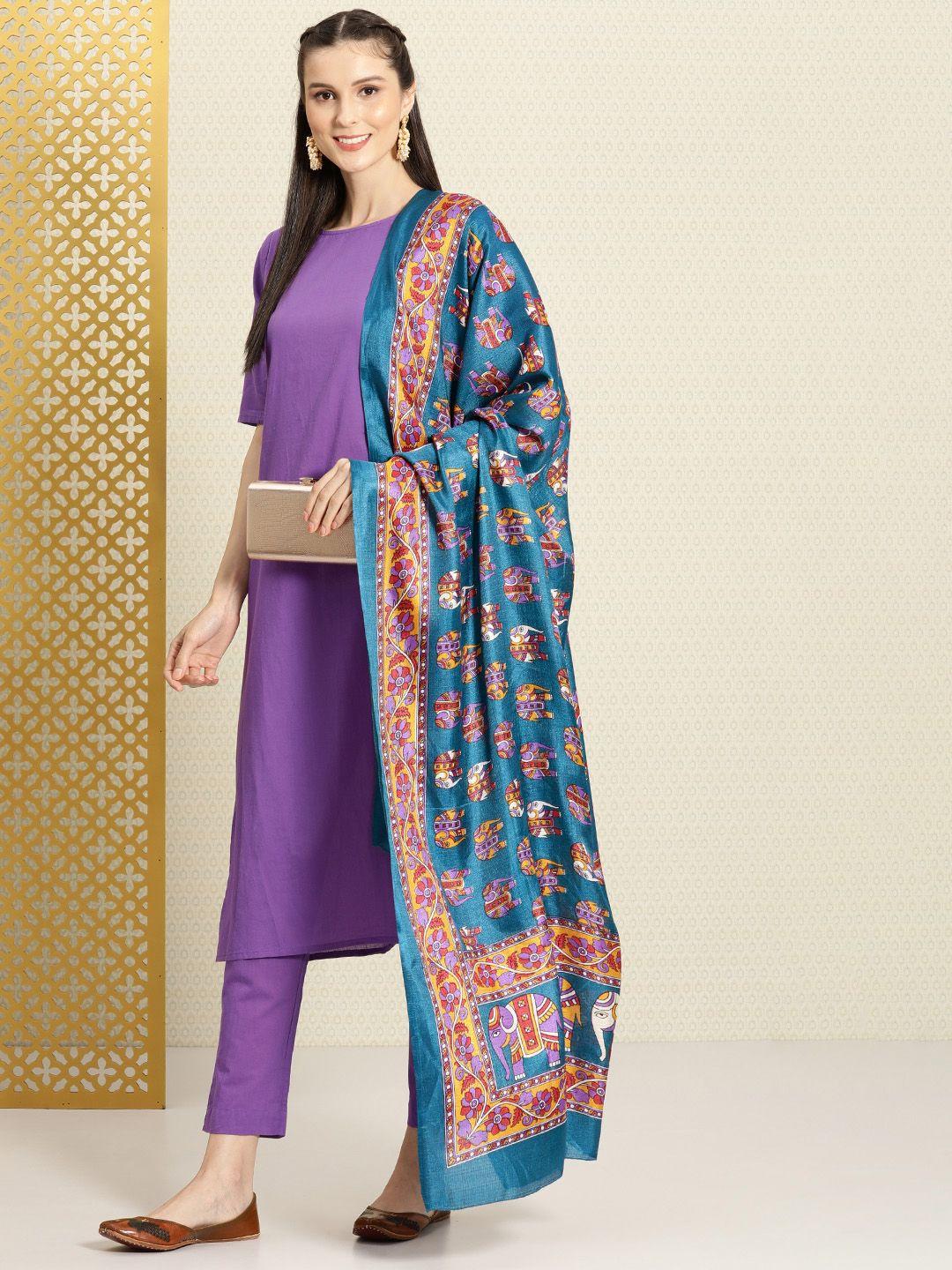 house of pataudi women lavender solid pure cotton kurta with trousers & with dupatta