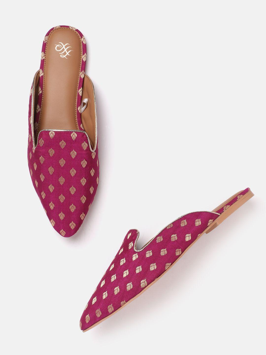 house of pataudi women magenta & gold-toned handcrafted woven design ethnic mules