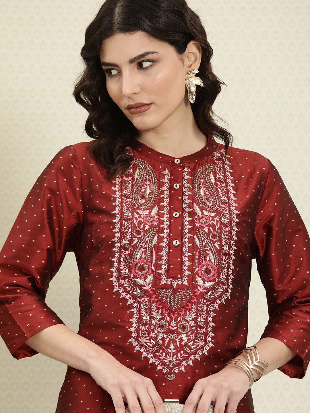 house of pataudi women maroon ethnic motifs embroidered jashn kurta