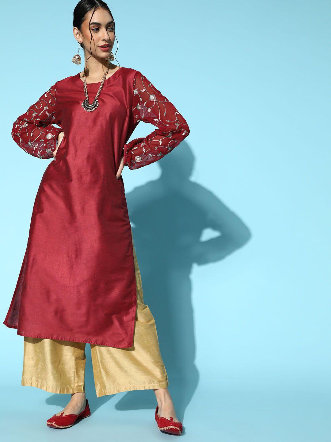 house of pataudi women maroon solid embroidered sleeves straight rozana kurta