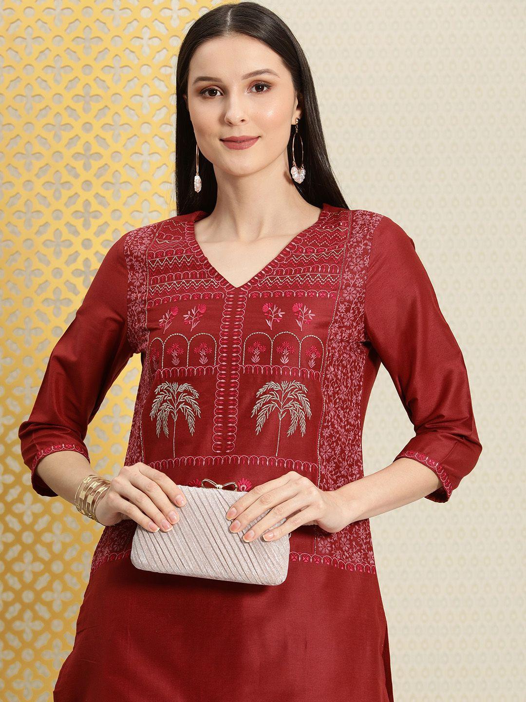 house of pataudi women maroon thread work woven design festive kurta