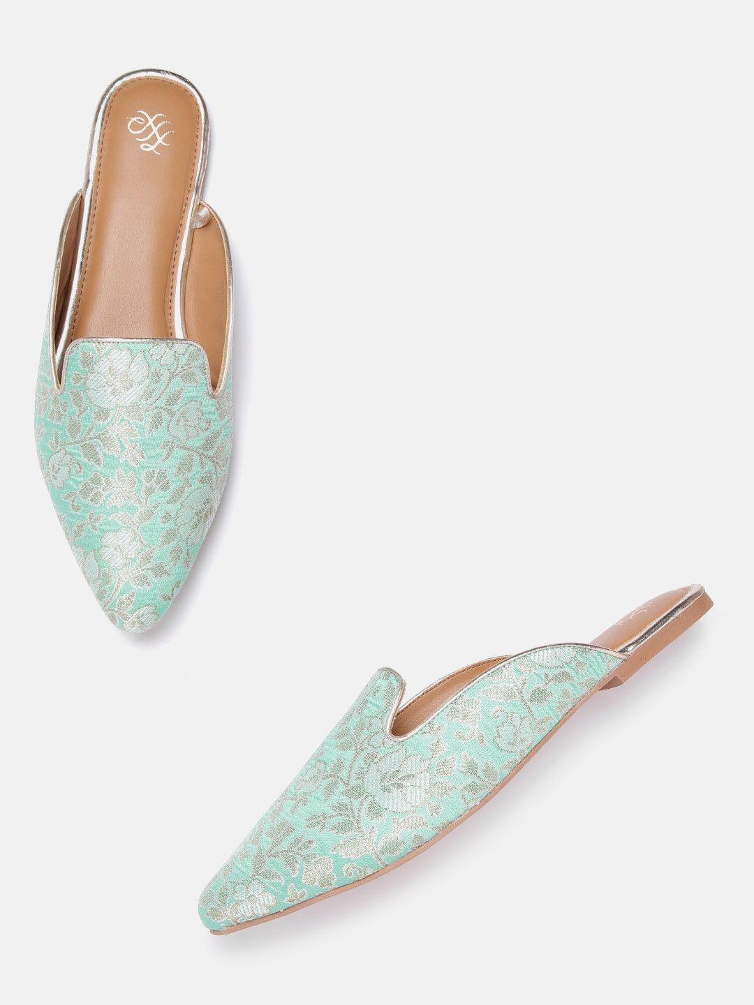 house of pataudi women mint green woven design mules