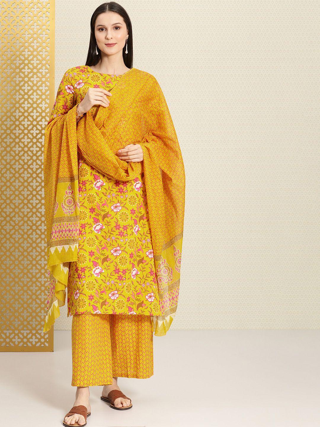 house of pataudi women mustard yellow printed rozana kurta with palazzos & with dupatta