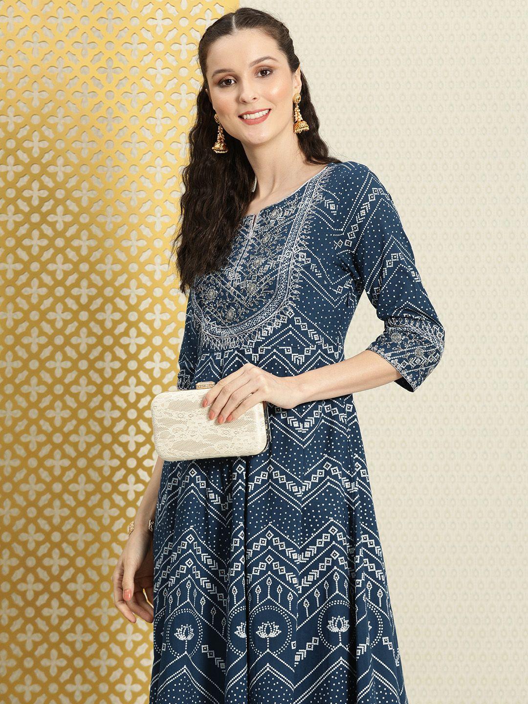 house of pataudi women navy blue & white ethnic motifs printed jashn kurta