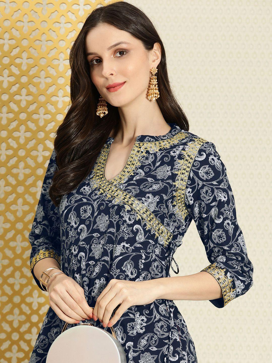 house of pataudi women navy blue & white ethnic motifs printed jashn thread work kurta