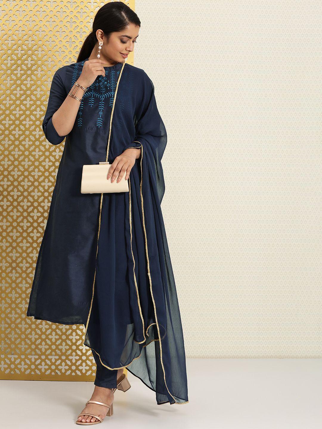 house of pataudi women navy blue embroidered regular jashn kurta sets