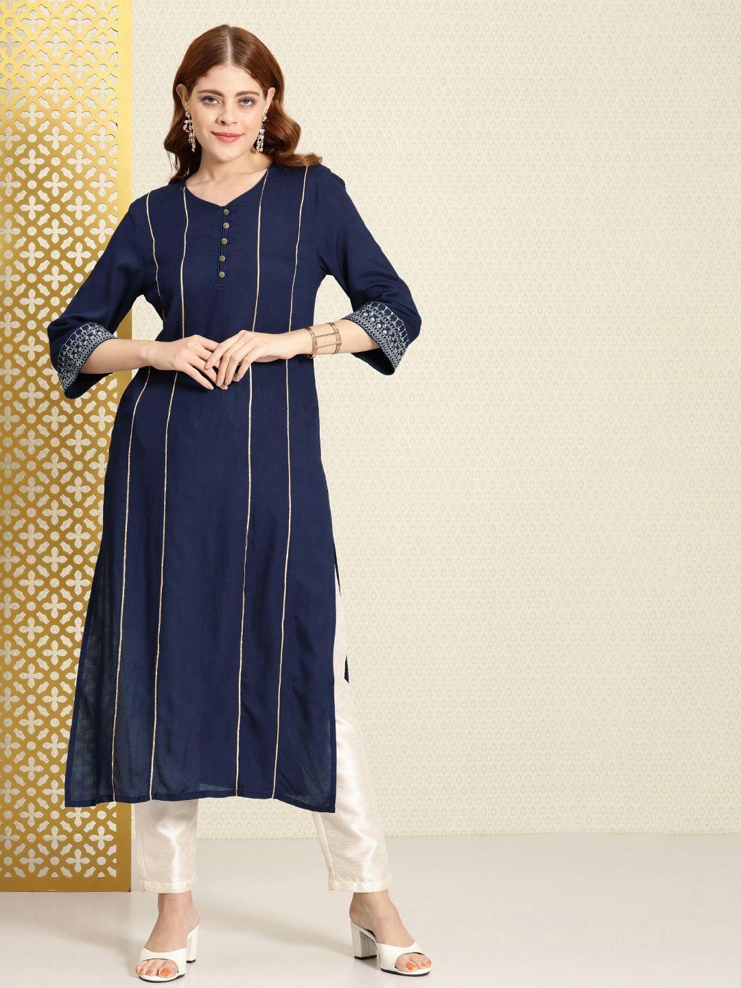 house of pataudi women navy blue striped jashna kurta