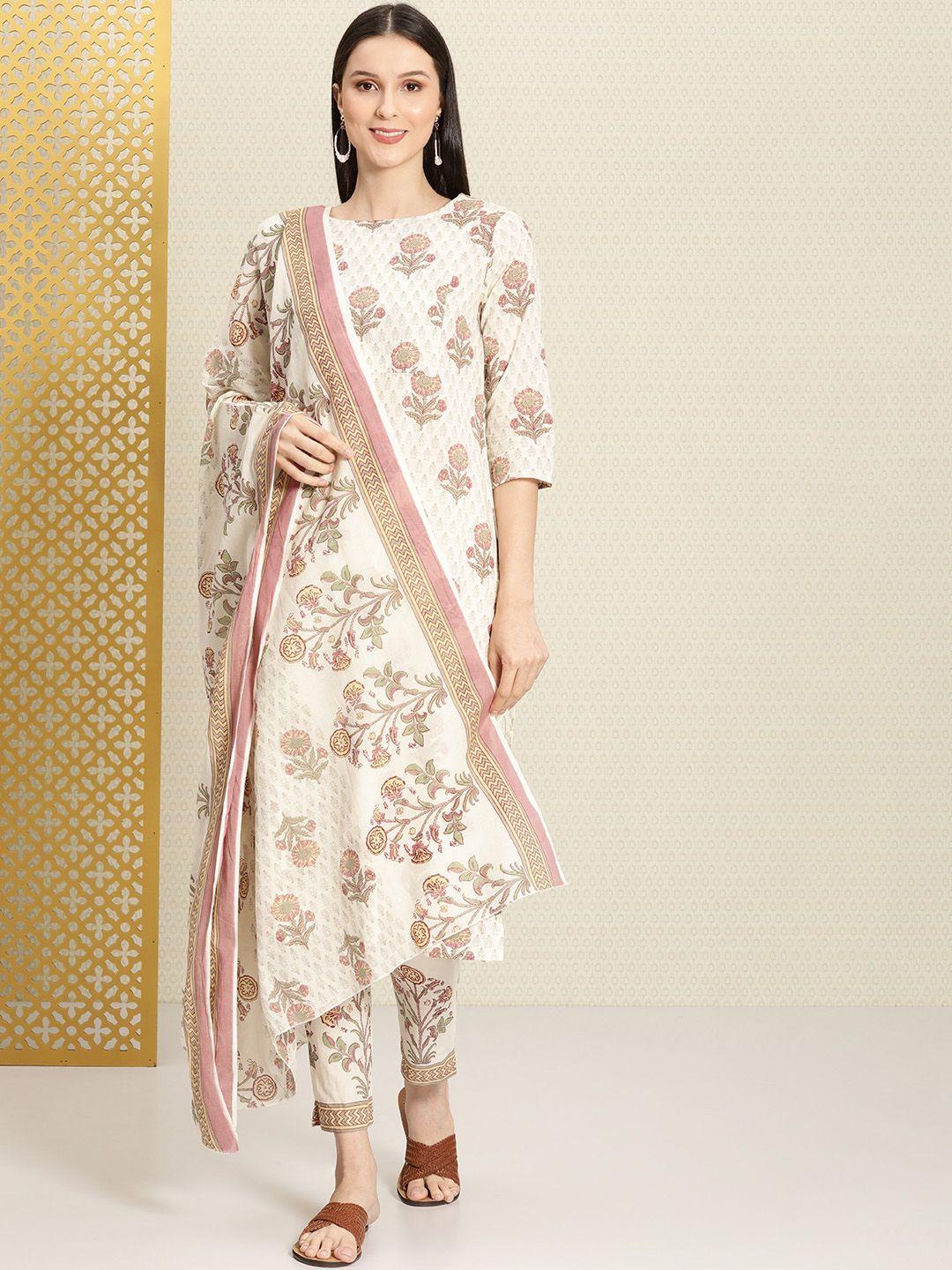 house of pataudi women off white floral printed pure cotton kurta with trousers & with dupatta