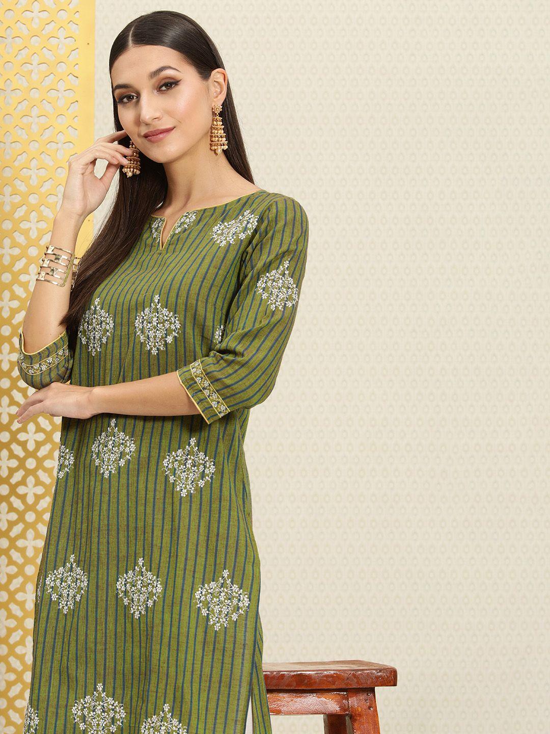 house of pataudi women olive green & blue striped pure cotton thread work kurta