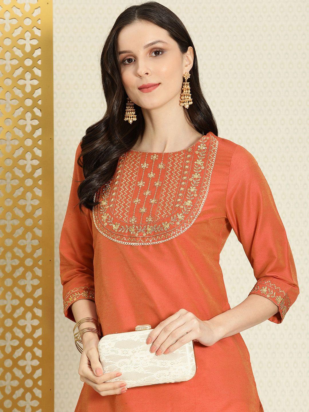 house of pataudi women orange & gold-toned floral embroidered yoke designed rozana kurta