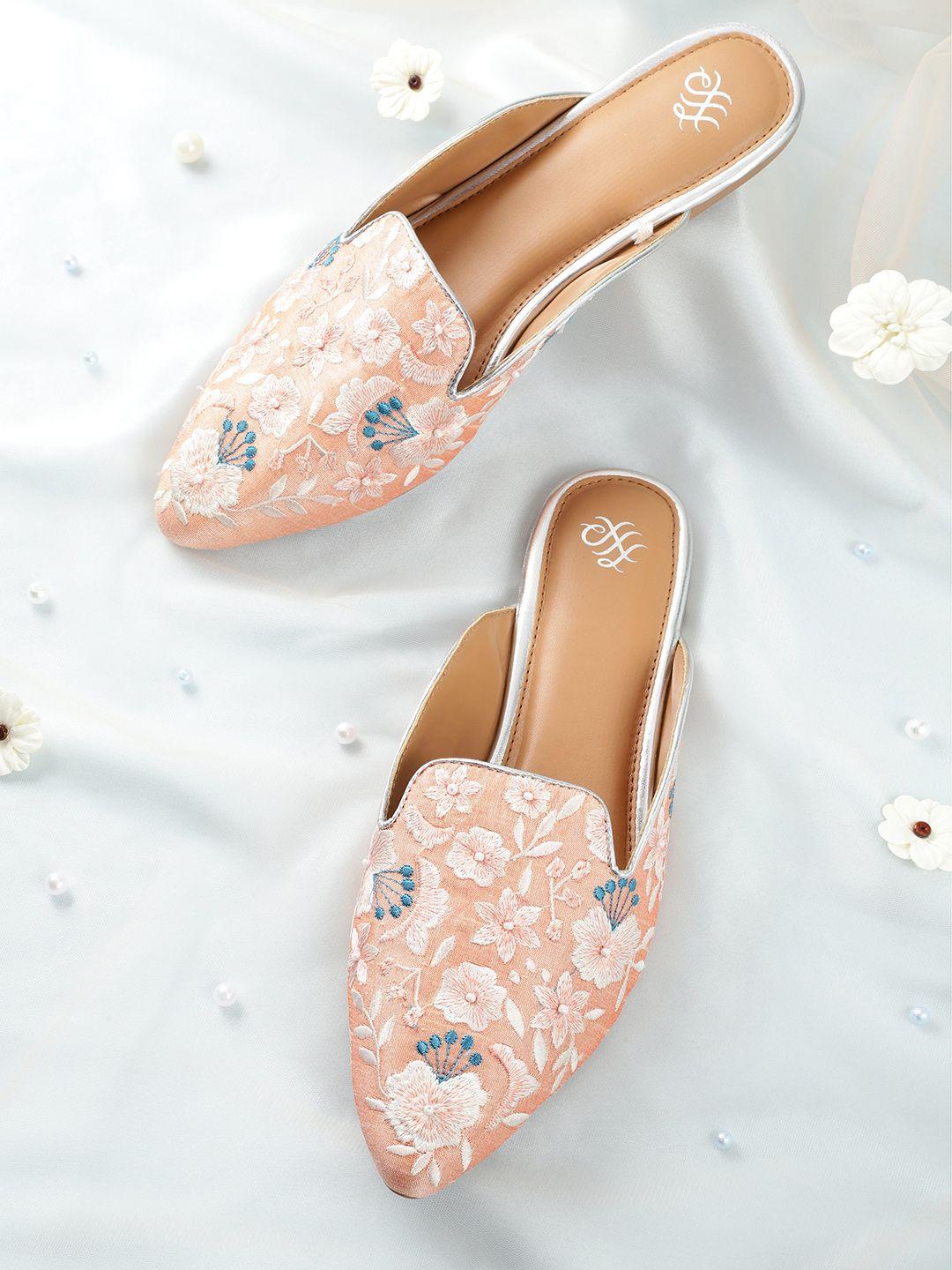 house of pataudi women peach-coloured ethnic embellished handcrafted mules