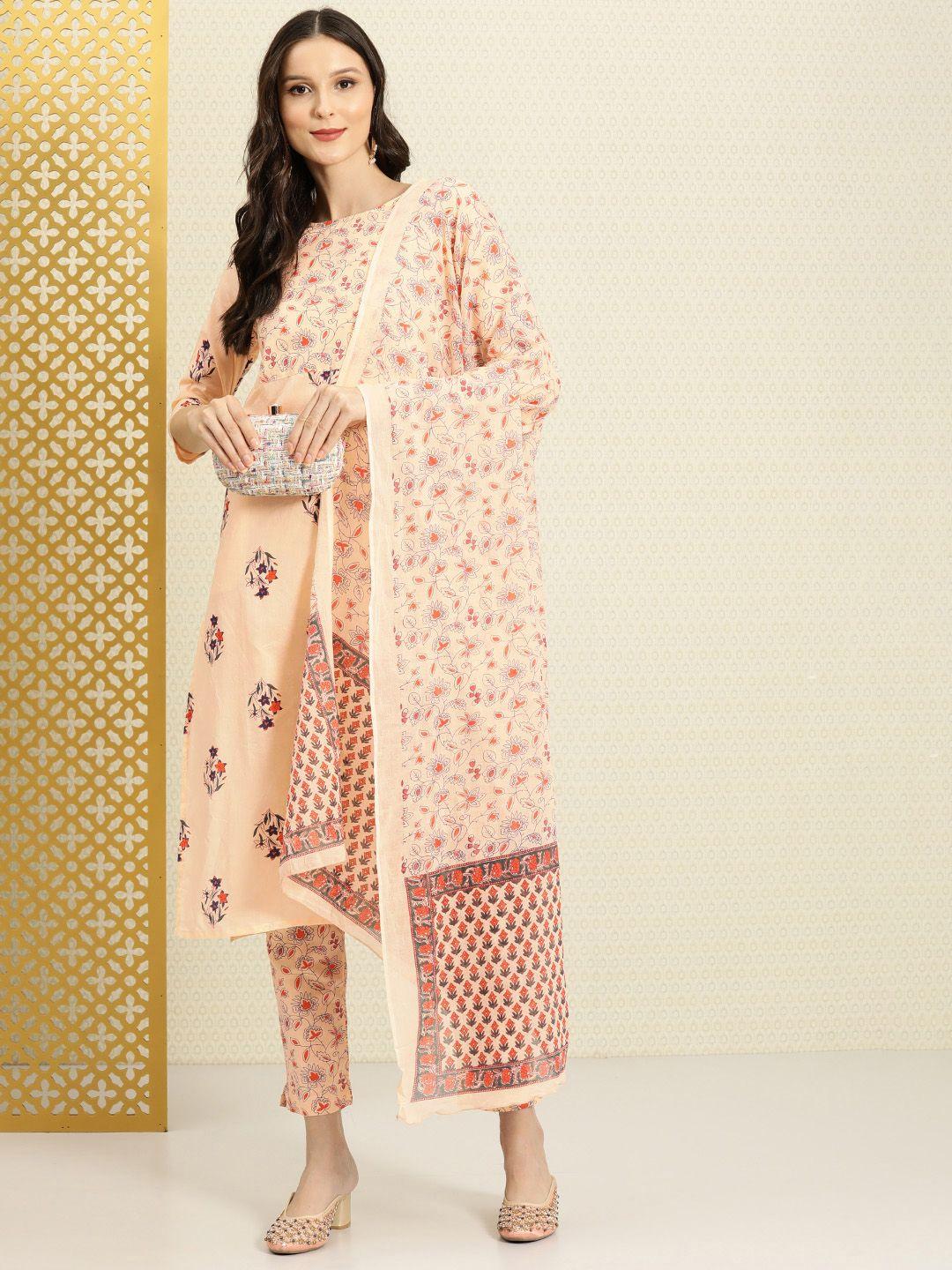 house of pataudi women peach-coloured floral printed pure cotton kurta with trousers & with dupatta