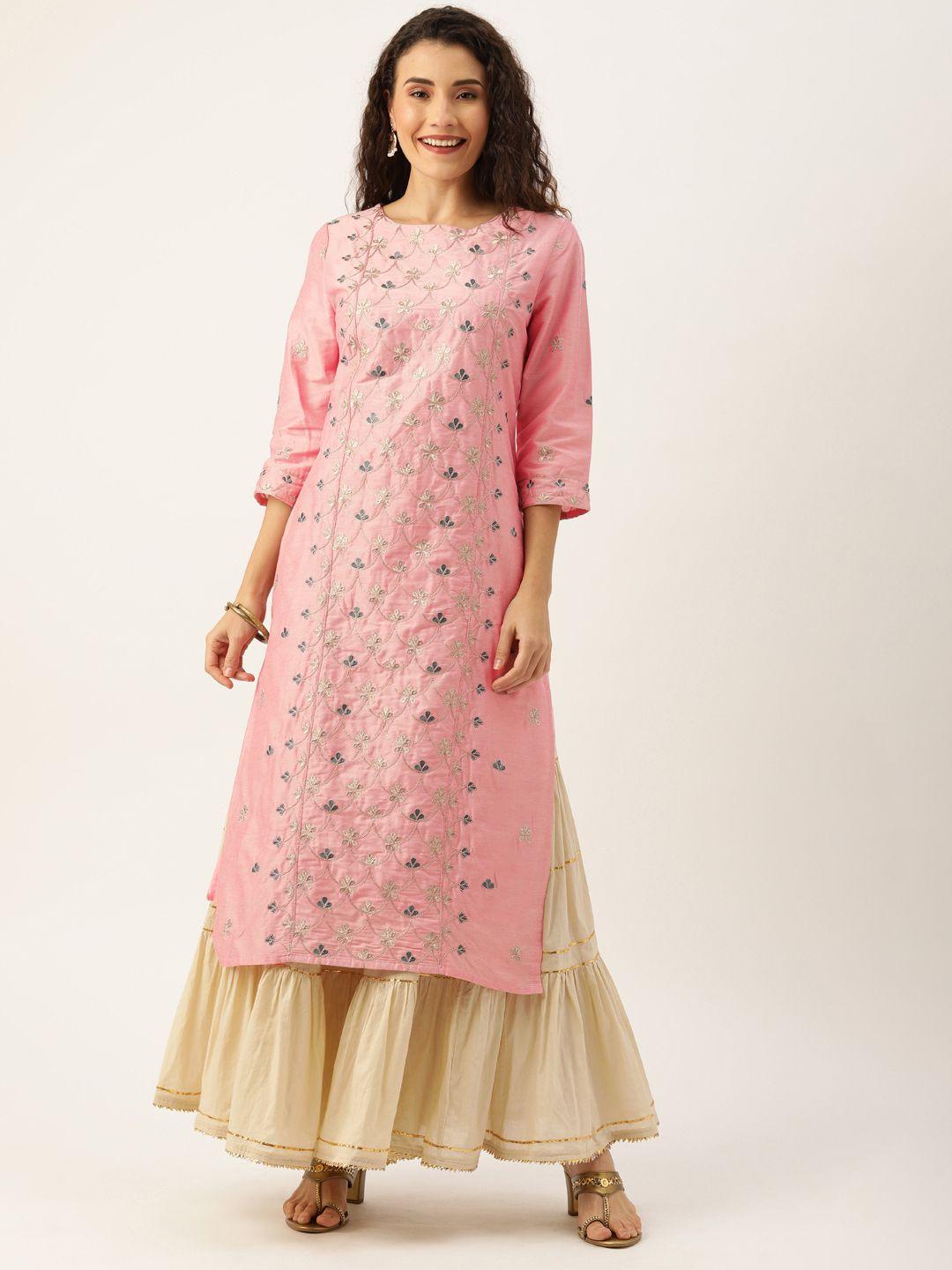 house of pataudi women pink & gold-toned embroidered straight kurta