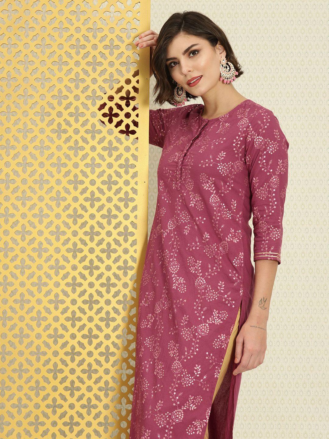 house of pataudi women pink & gold-toned ethnic motifs embroidered jashn kurta