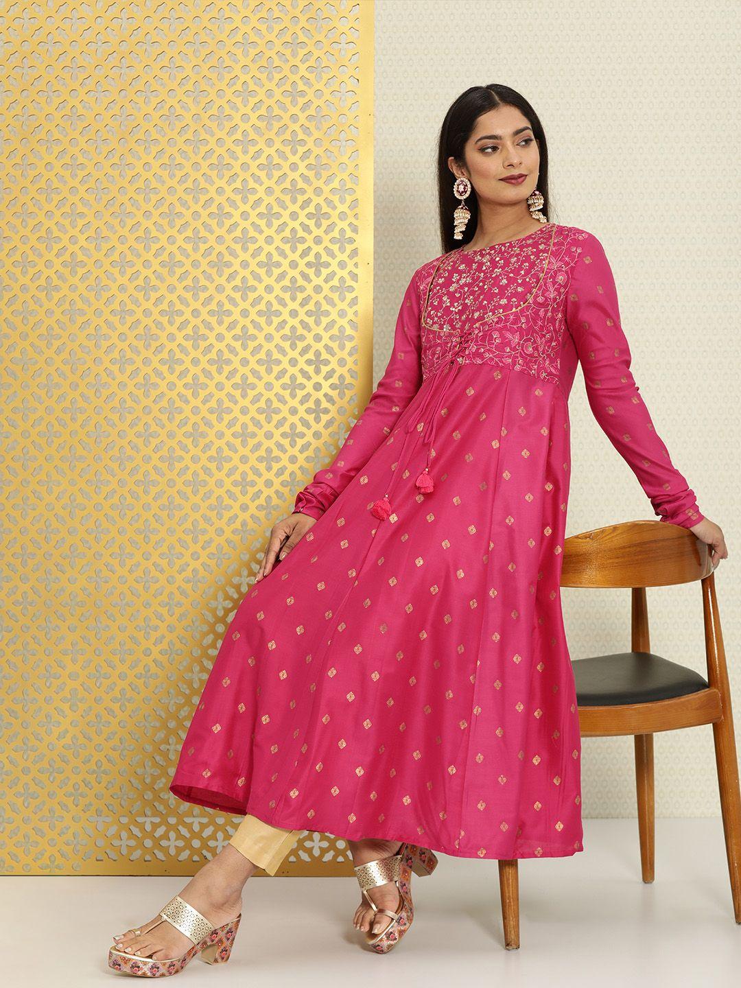 house of pataudi women pink & golden ethnic motifs embroidered jashn kurta