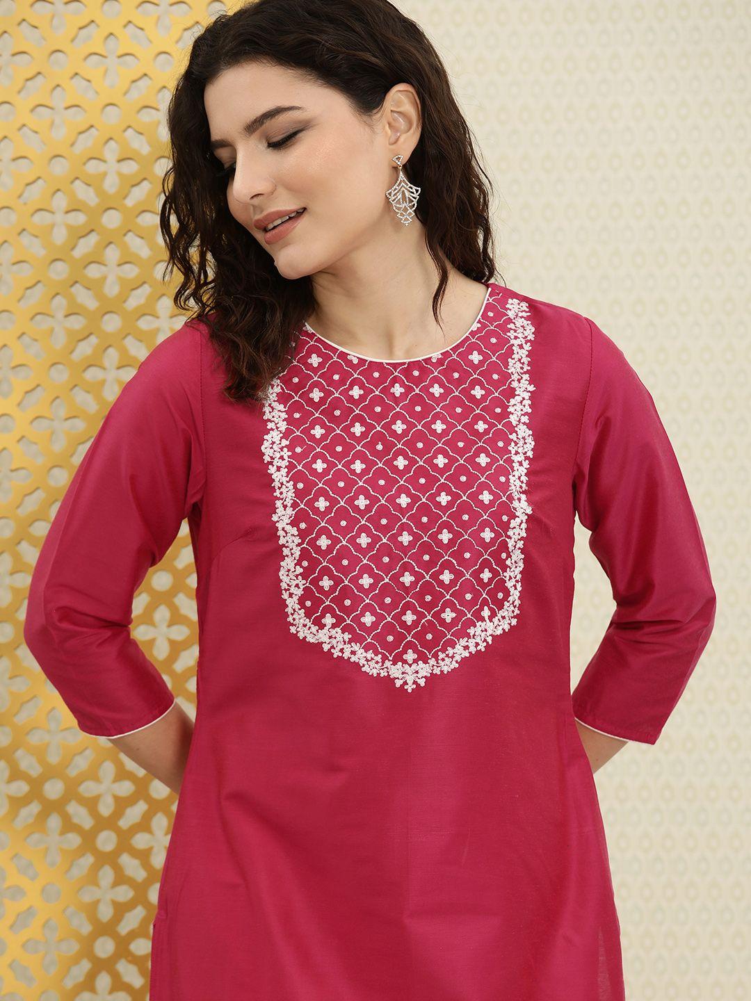 house of pataudi women pink & white embroidered rozana kurta