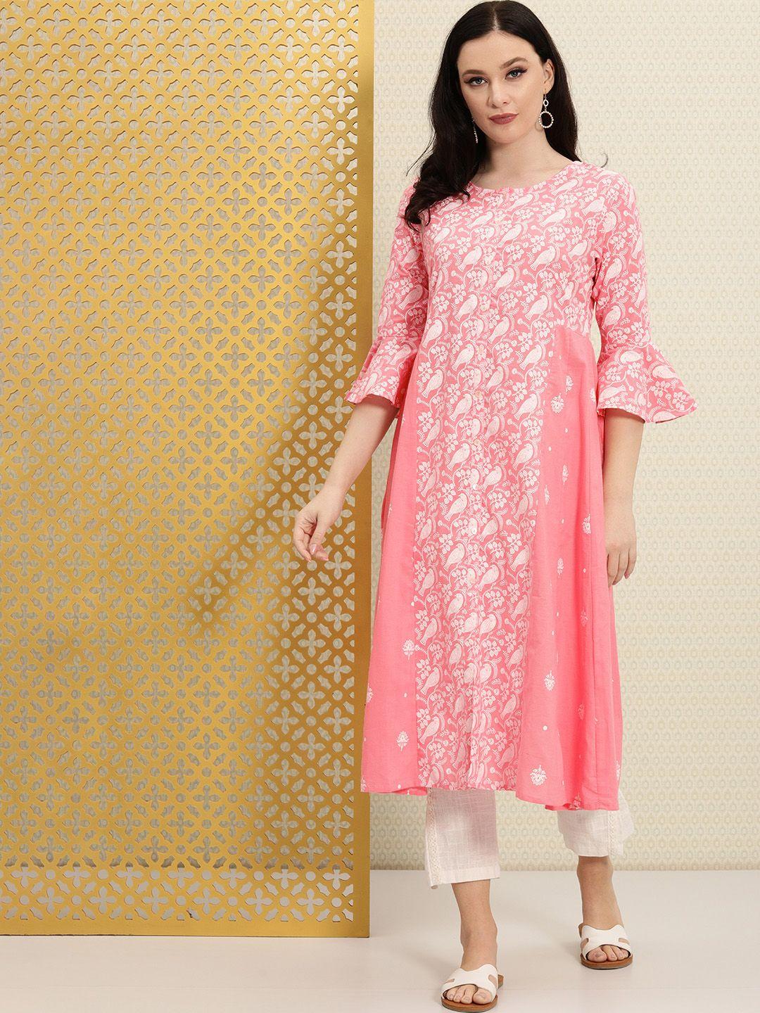 house of pataudi women pink & white quirky printed bell sleeves pure cotton rozana kurta