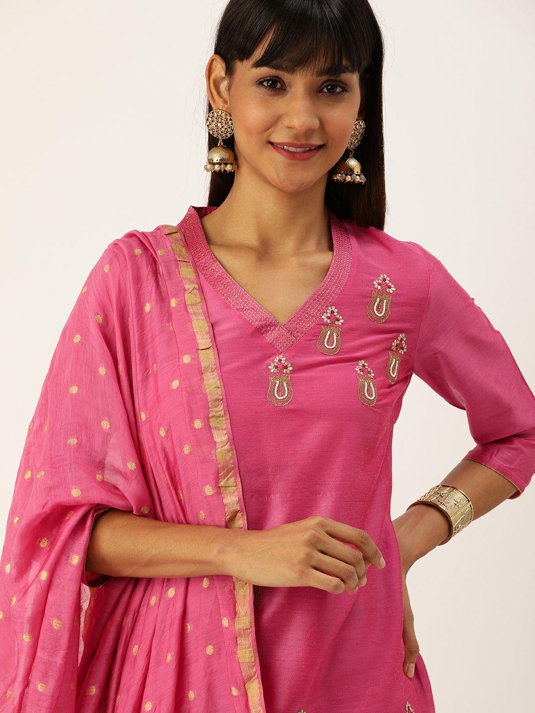 house of pataudi women pink embroidered kurta with trousers & dupatta