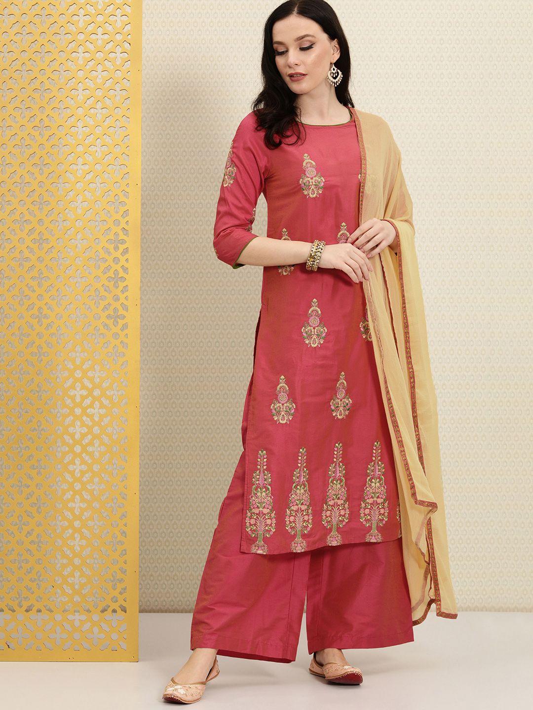 house of pataudi women pink ethnic motifs embroidered jashn kurta with palazzos & dupatta