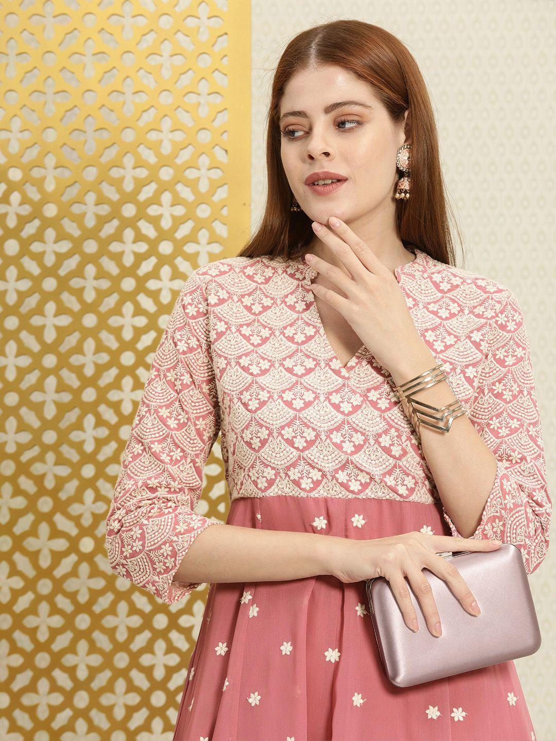 house of pataudi women pink ethnic motifs embroidered jashn kurta