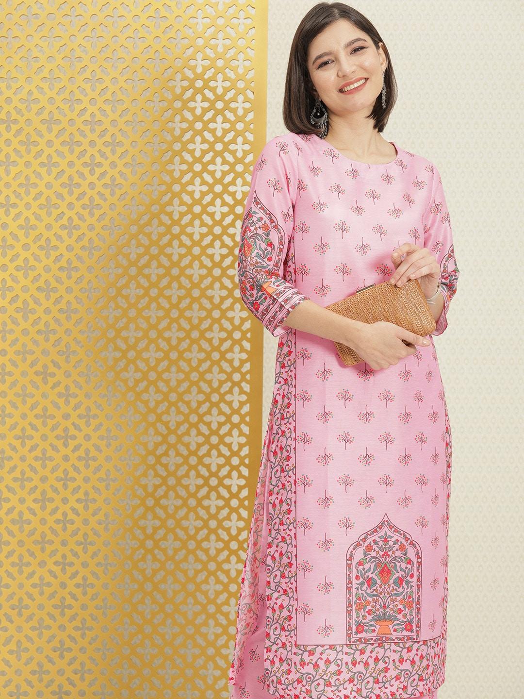 house of pataudi women pink ethnic motifs printed kurta with trousers