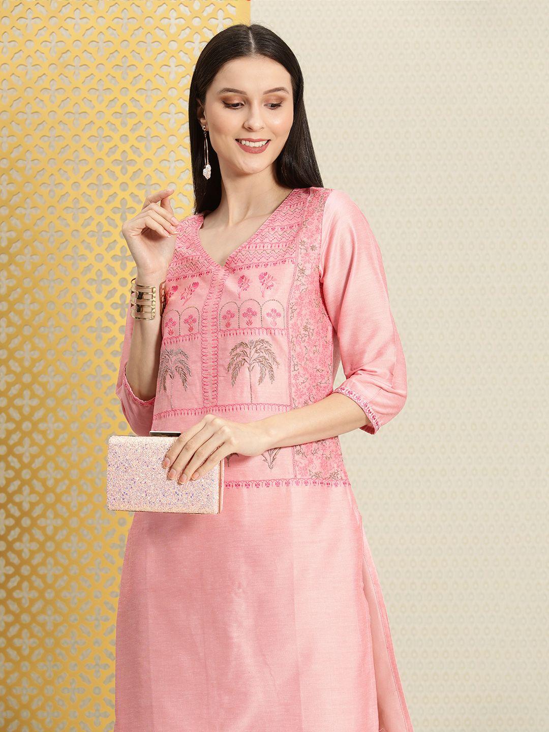 house of pataudi women pink ethnic motifs thread work festive kurta