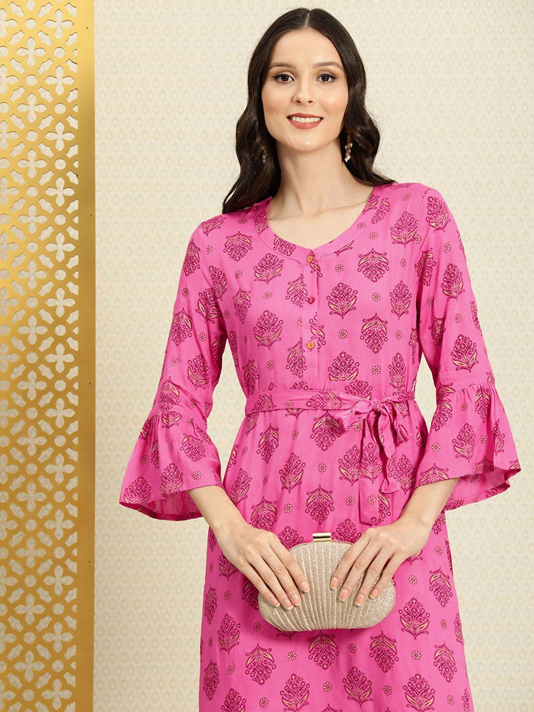 house of pataudi women pink floral printed kurta