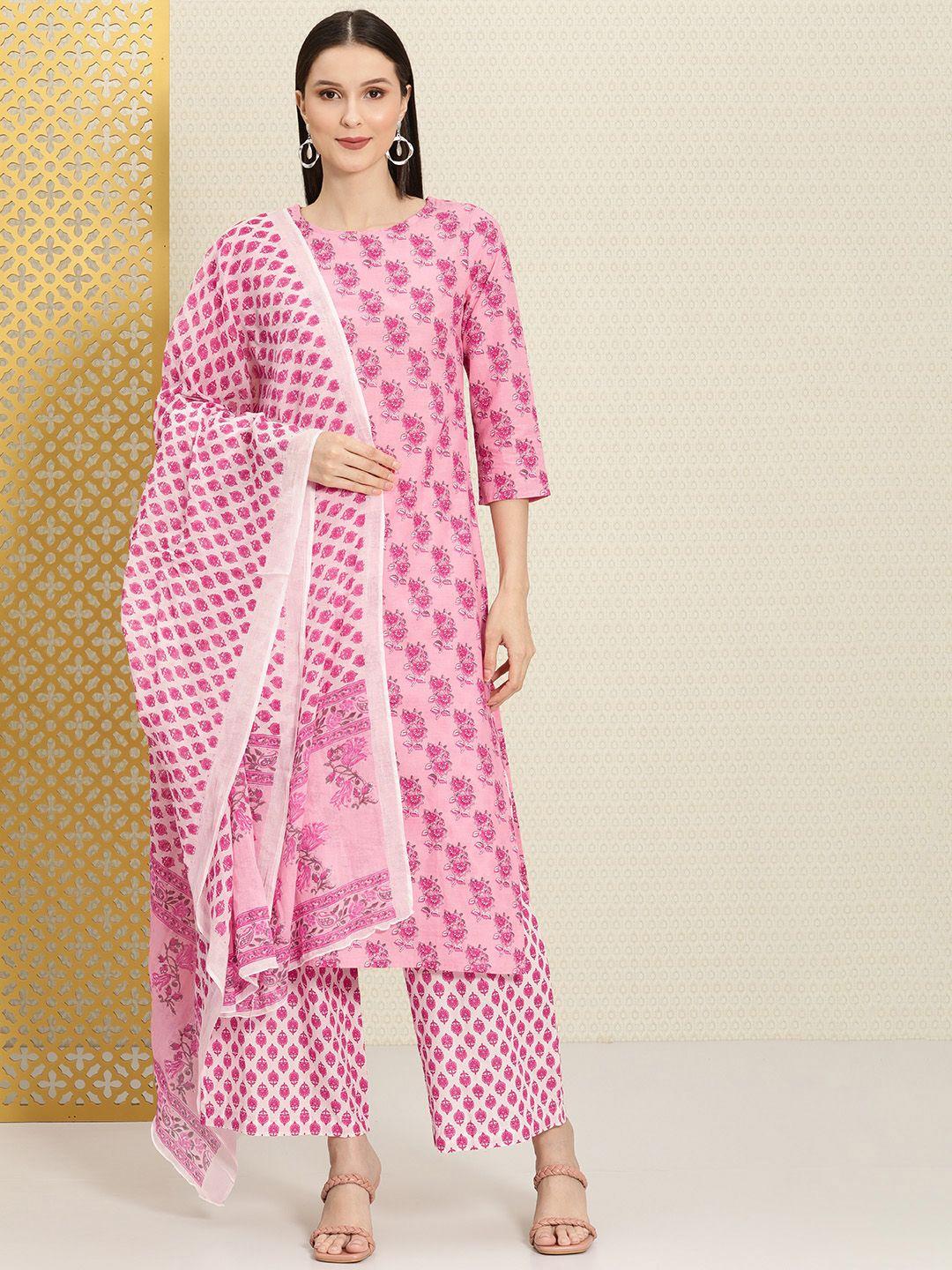 house of pataudi women pink floral printed pure cotton kurta with palazzos & with dupatta