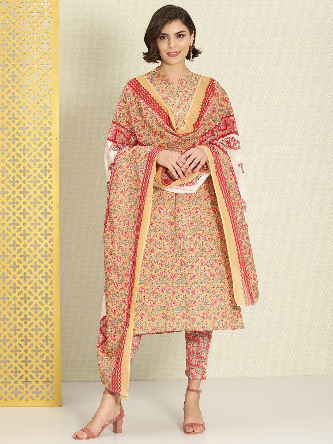 house of pataudi women pink floral printed pure cotton kurta with trousers & with dupatta