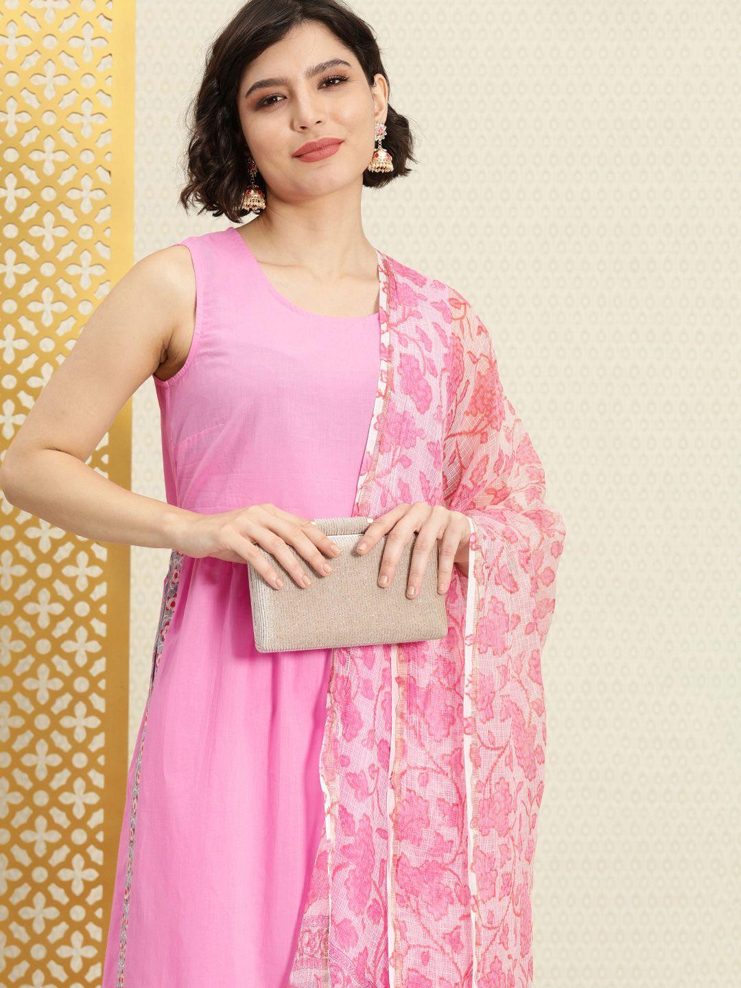 house of pataudi women pink pleated pure cotton rozana kurta set