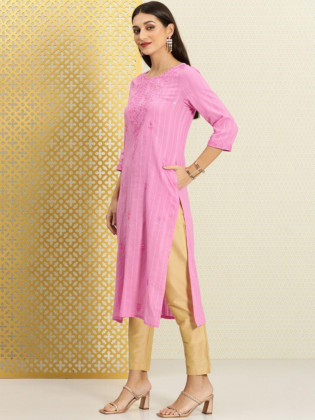 house of pataudi women pink pure cotton floral embroidered pastels jashn kurta