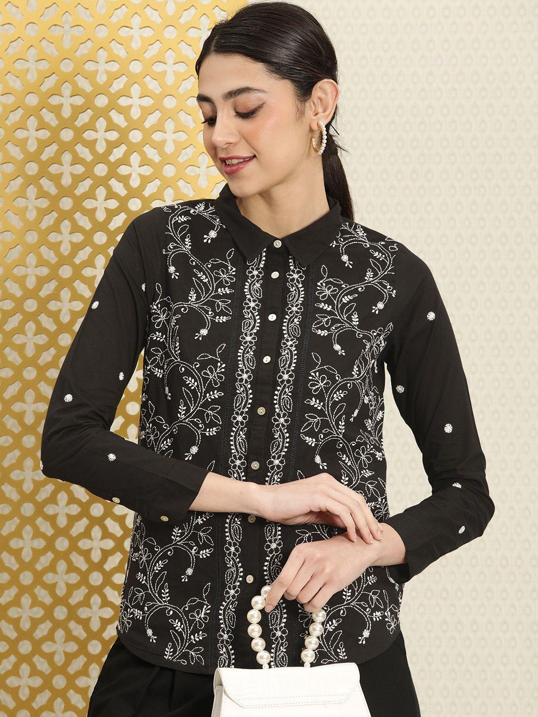 house of pataudi women pure cotton floral chikankari embroidered jashn shirt