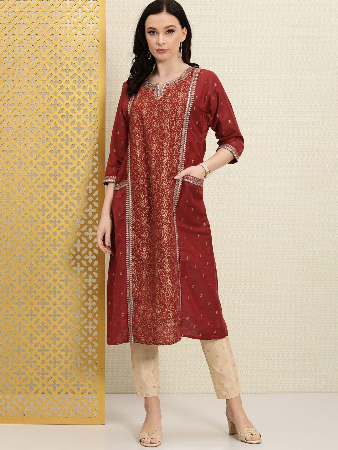 house of pataudi women red & gold-toned ethnic motifs printed mirror work jashn kurta