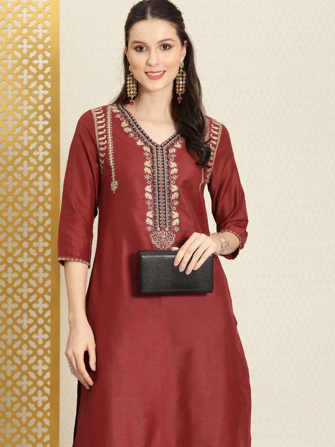 house of pataudi women red & gold-toned ethnic motifs yoke design flared sleeves thread work kurta