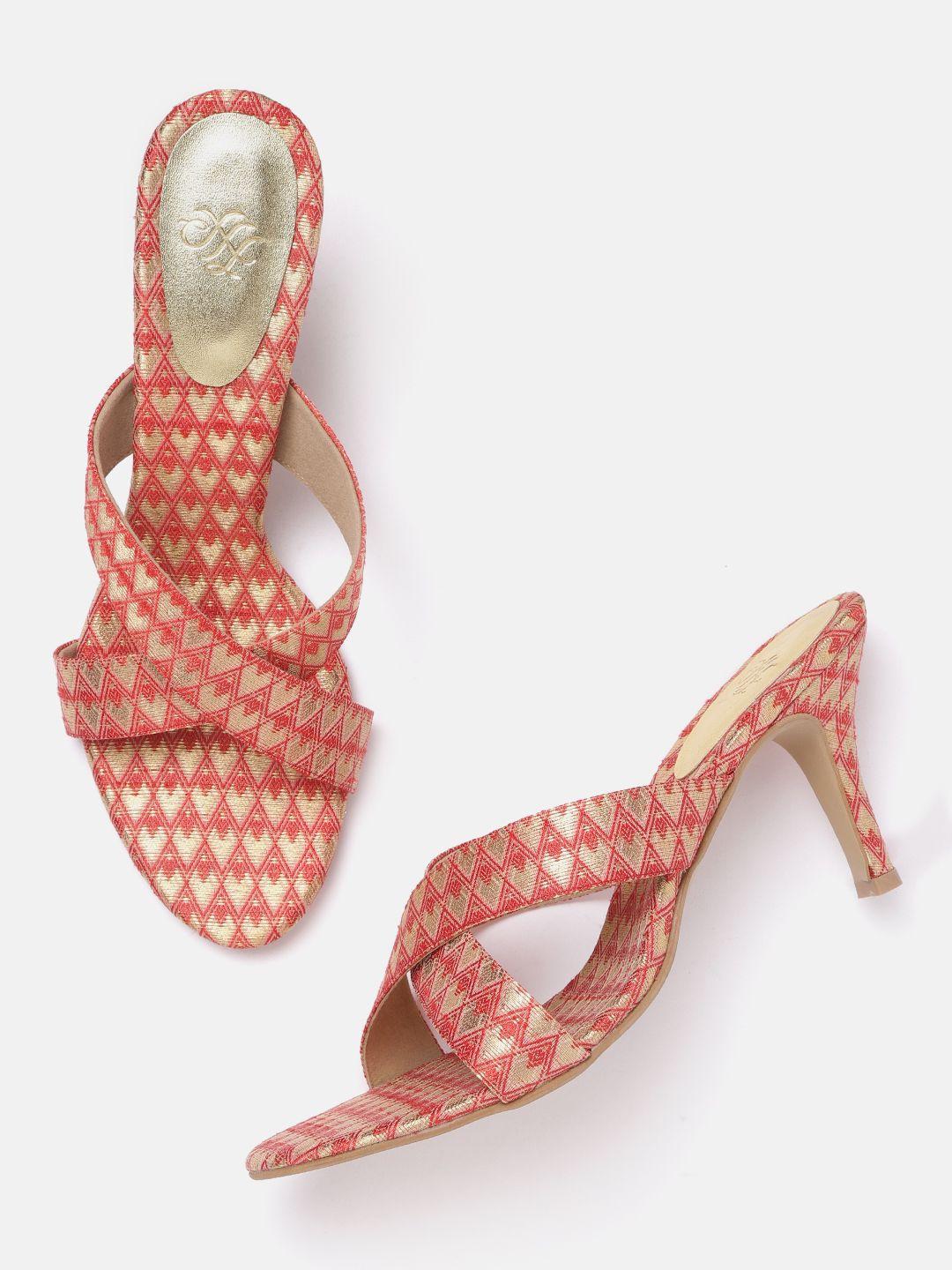 house of pataudi women red & gold-toned handcrafted printed slim heel sandals