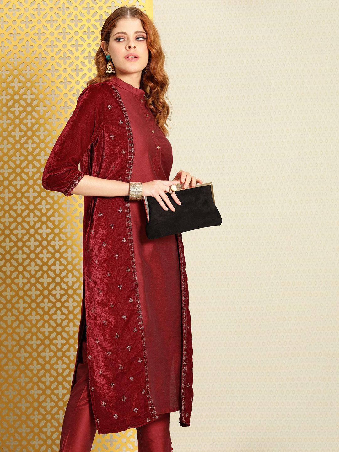 house of pataudi women solid jashn kurta with trousers and embroidered jacket